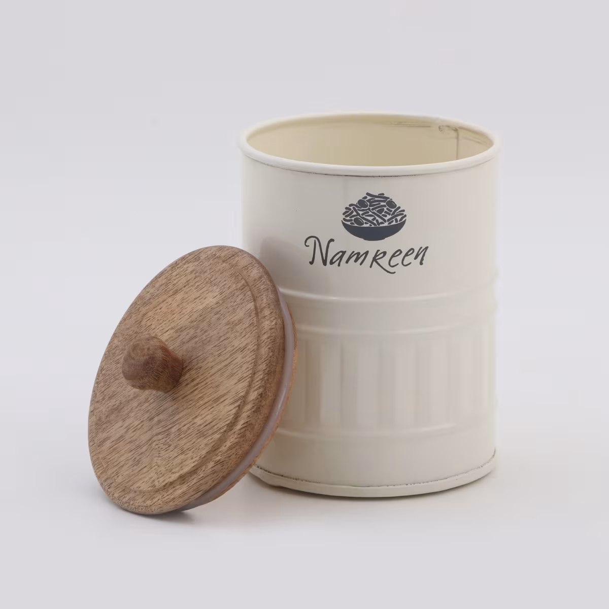 Mirage Iron Namkeen Canister with Mango Wood Lid in Cream