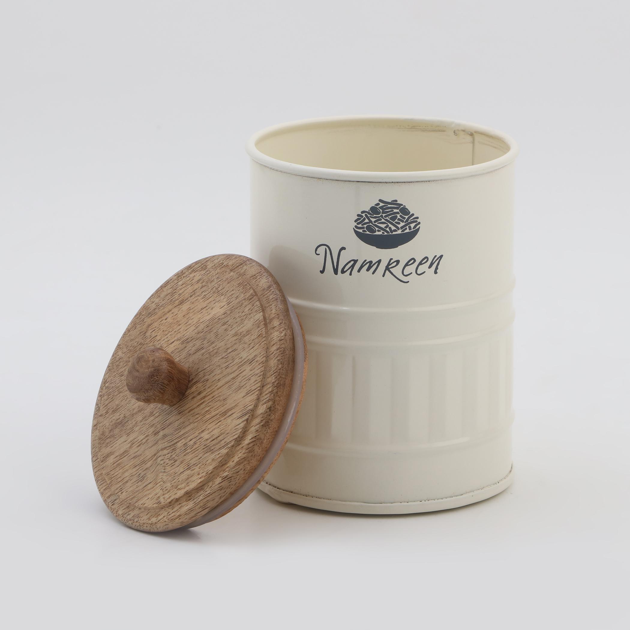 Mirage Iron Namkeen Canister with Mango Wood Lid in Cream