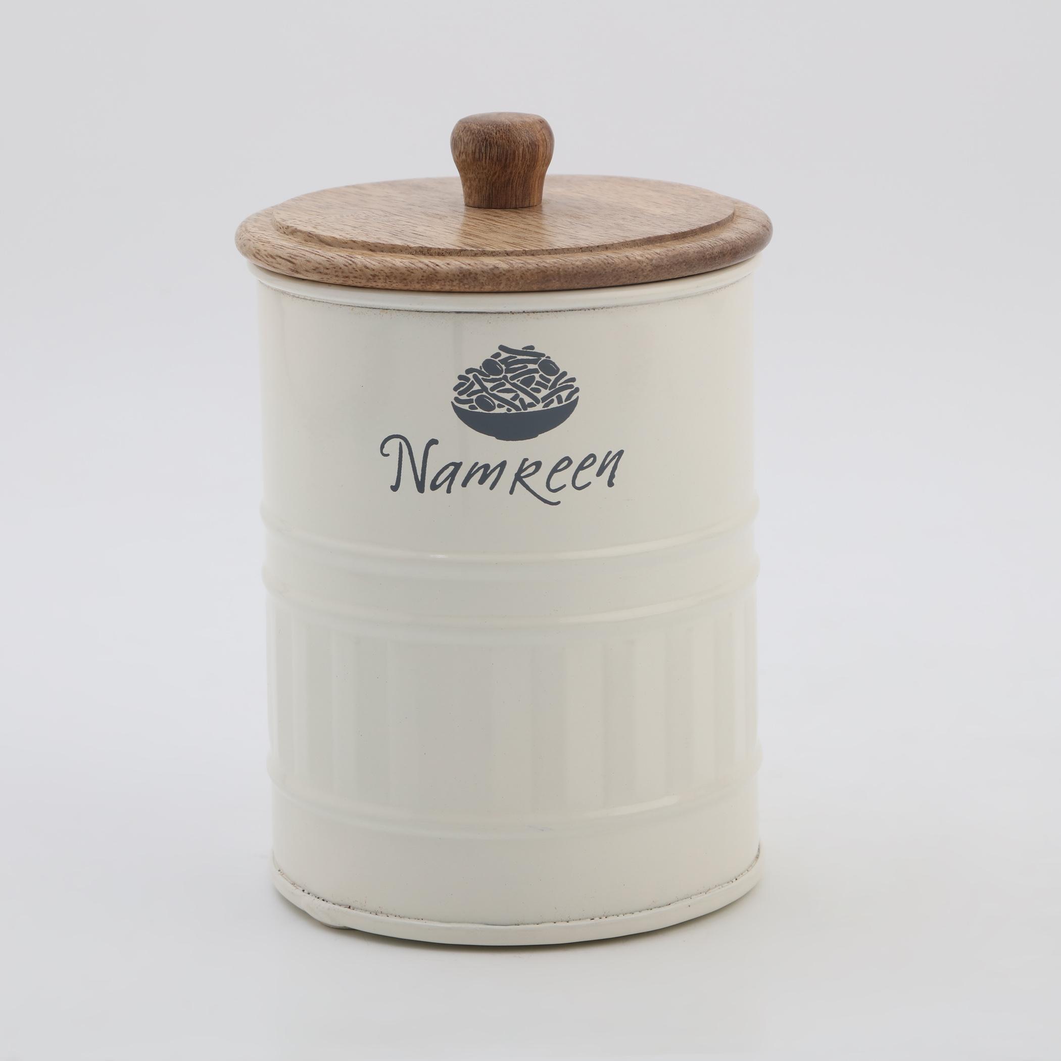 Mirage Iron Namkeen Canister with Mango Wood Lid in Cream